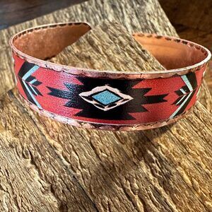 Handmade Boho Native American‎ Aztek Copper Narrow Cuff Bracelet, Red, Gift Box
